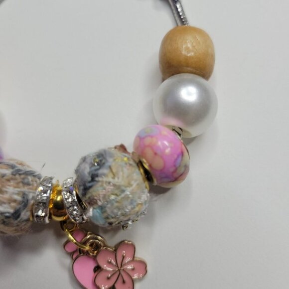 NWT Pandora Style Charm Bracelet Korean Yarn Pink Enameled Charms Wood Beads S/M - Picture 4 of 5